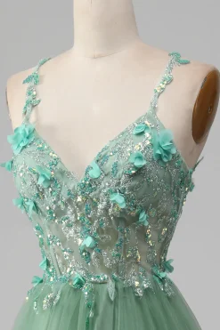 Verde brilhante A-Line espaguete correias espartilho vestido de baile com apliques