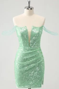 Verde brilhante fora do ombro Ruched Tight Homecoming Dress com Sequins