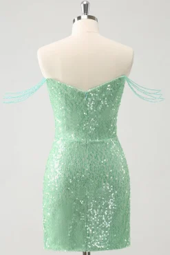 Verde brilhante fora do ombro Ruched Tight Homecoming Dress com Sequins