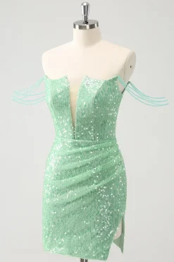 Verde brilhante fora do ombro Ruched Tight Homecoming Dress com Sequins