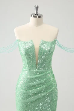 Verde brilhante fora do ombro Ruched Tight Homecoming Dress com Sequins