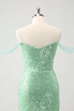 Verde brilhante fora do ombro Ruched Tight Homecoming Dress com Sequins
