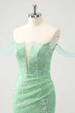 Verde brilhante fora do ombro Ruched Tight Homecoming Dress com Sequins