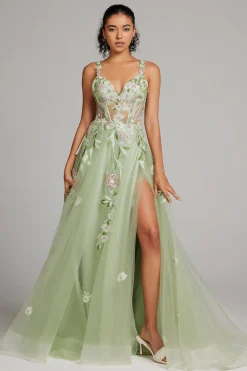 Verde brilhante Uma linha de lantejoulas espartilho bordado longo vestido de baile com fenda