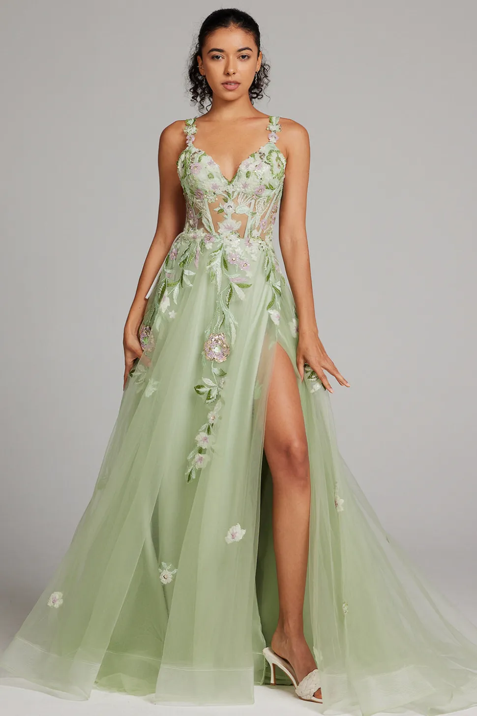 Verde brilhante Uma linha de lantejoulas espartilho bordado longo vestido de baile com fenda