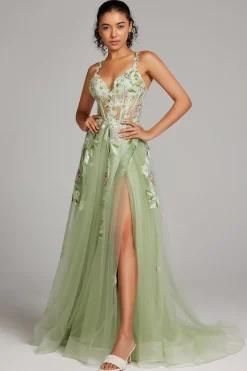 Verde brilhante Uma linha de lantejoulas espartilho bordado longo vestido de baile com fenda
