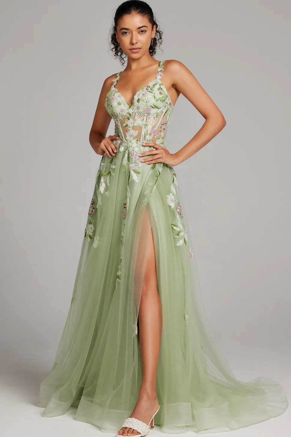 Verde brilhante Uma linha de lantejoulas espartilho bordado longo vestido de baile com fenda