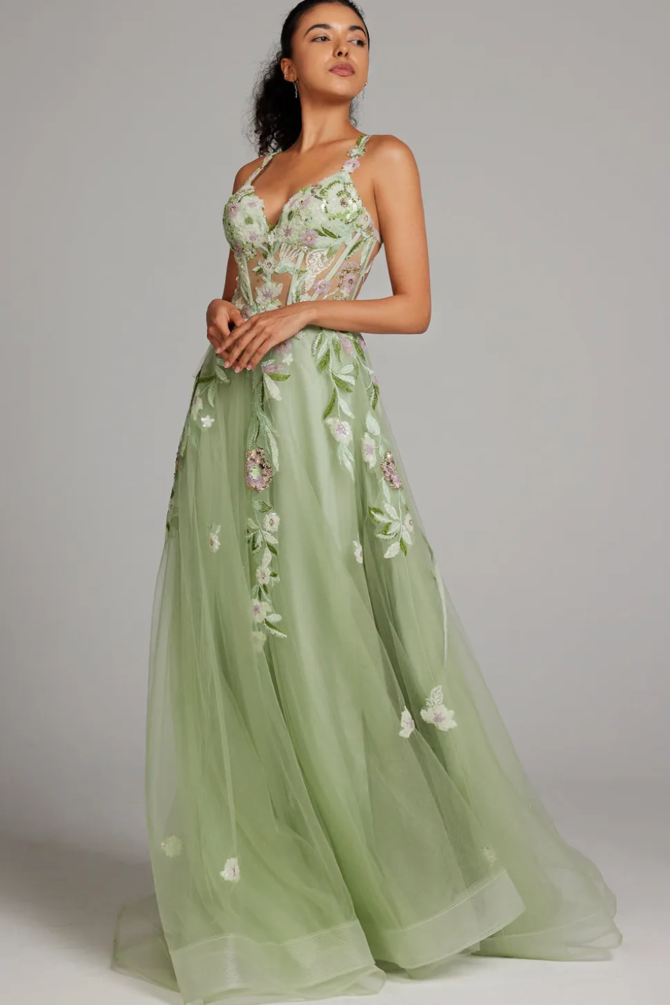 Verde brilhante Uma linha de lantejoulas espartilho bordado longo vestido de baile com fenda