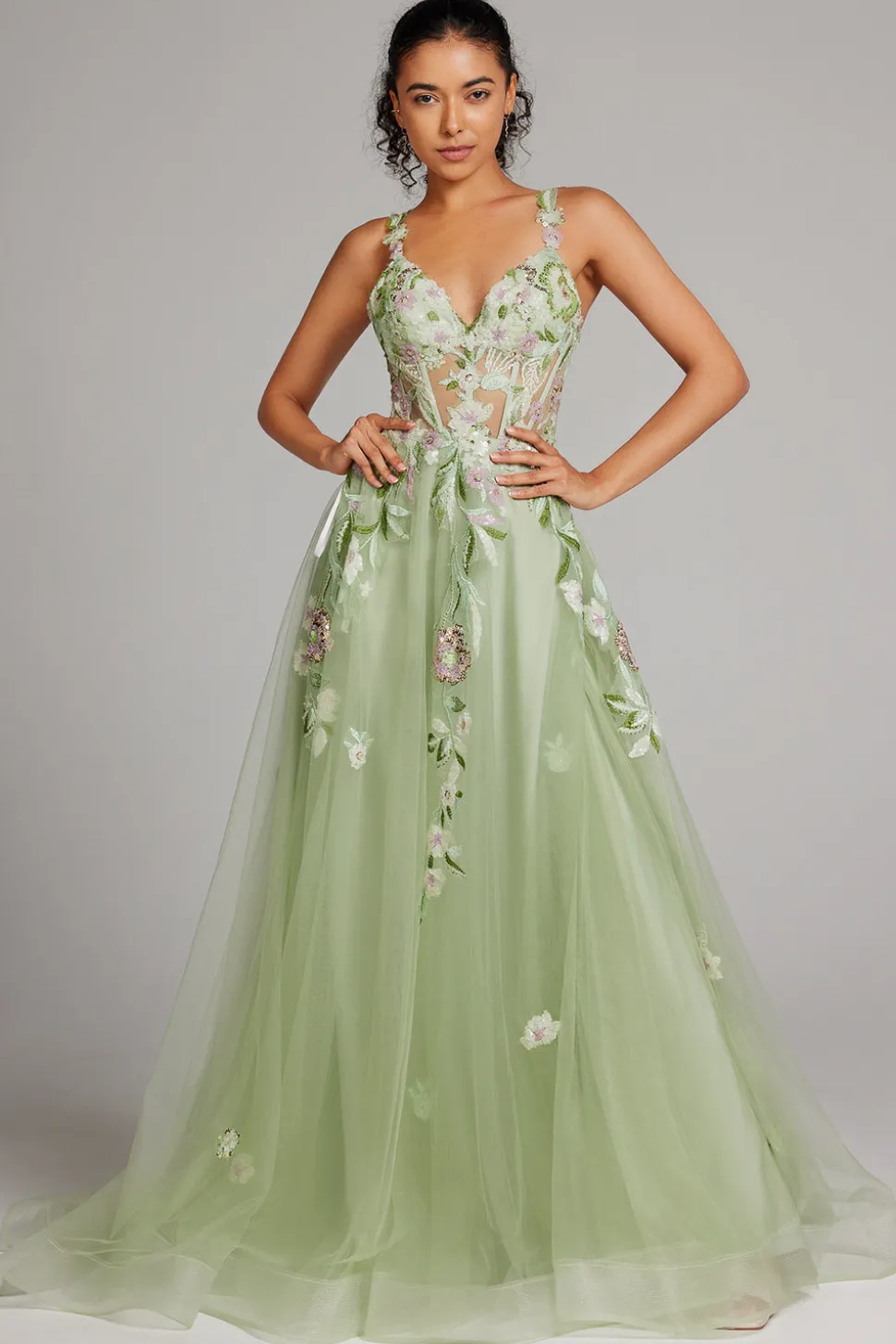 Verde brilhante Uma linha de lantejoulas espartilho bordado longo vestido de baile com fenda