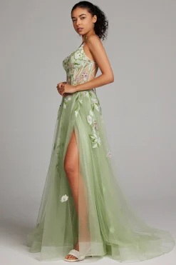 Verde brilhante Uma linha de lantejoulas espartilho bordado longo vestido de baile com fenda