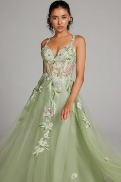 Verde brilhante Uma linha de lantejoulas espartilho bordado longo vestido de baile com fenda