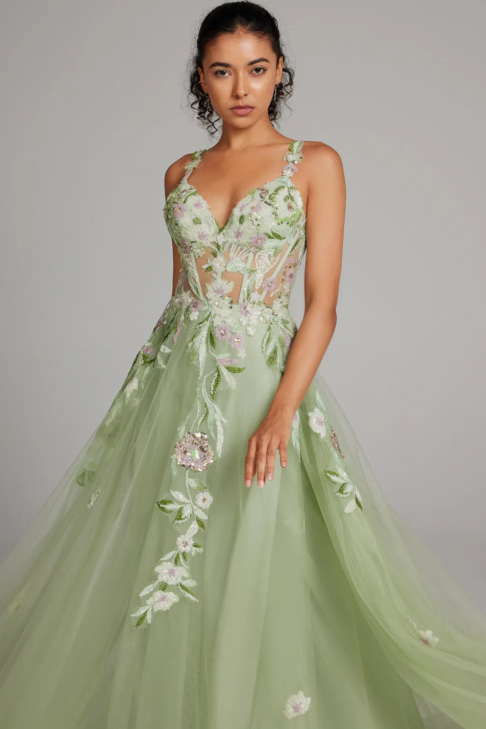 Verde brilhante Uma linha de lantejoulas espartilho bordado longo vestido de baile com fenda