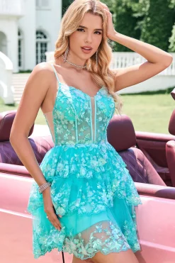 Verde Brilhante Uma Linha Esparguete Correias Espartilho Tiered Lantejoulas Homecoming Dress