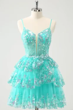 Verde Brilhante Uma Linha Esparguete Correias Espartilho Tiered Lantejoulas Homecoming Dress