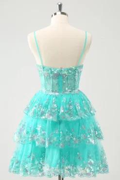 Verde Brilhante Uma Linha Esparguete Correias Espartilho Tiered Lantejoulas Homecoming Dress