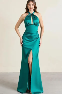 Verde Cabeçada Cetim Longo Vestidos Cerimónia com Fenda