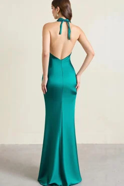 Verde Cabeçada Cetim Longo Vestidos Cerimónia com Fenda
