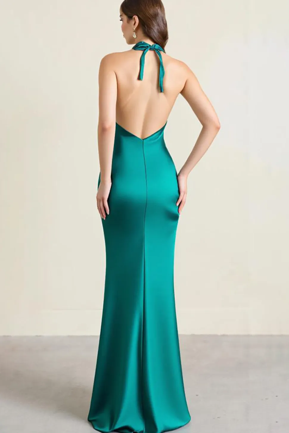 Verde Cabeçada Cetim Longo Vestidos Cerimónia com Fenda