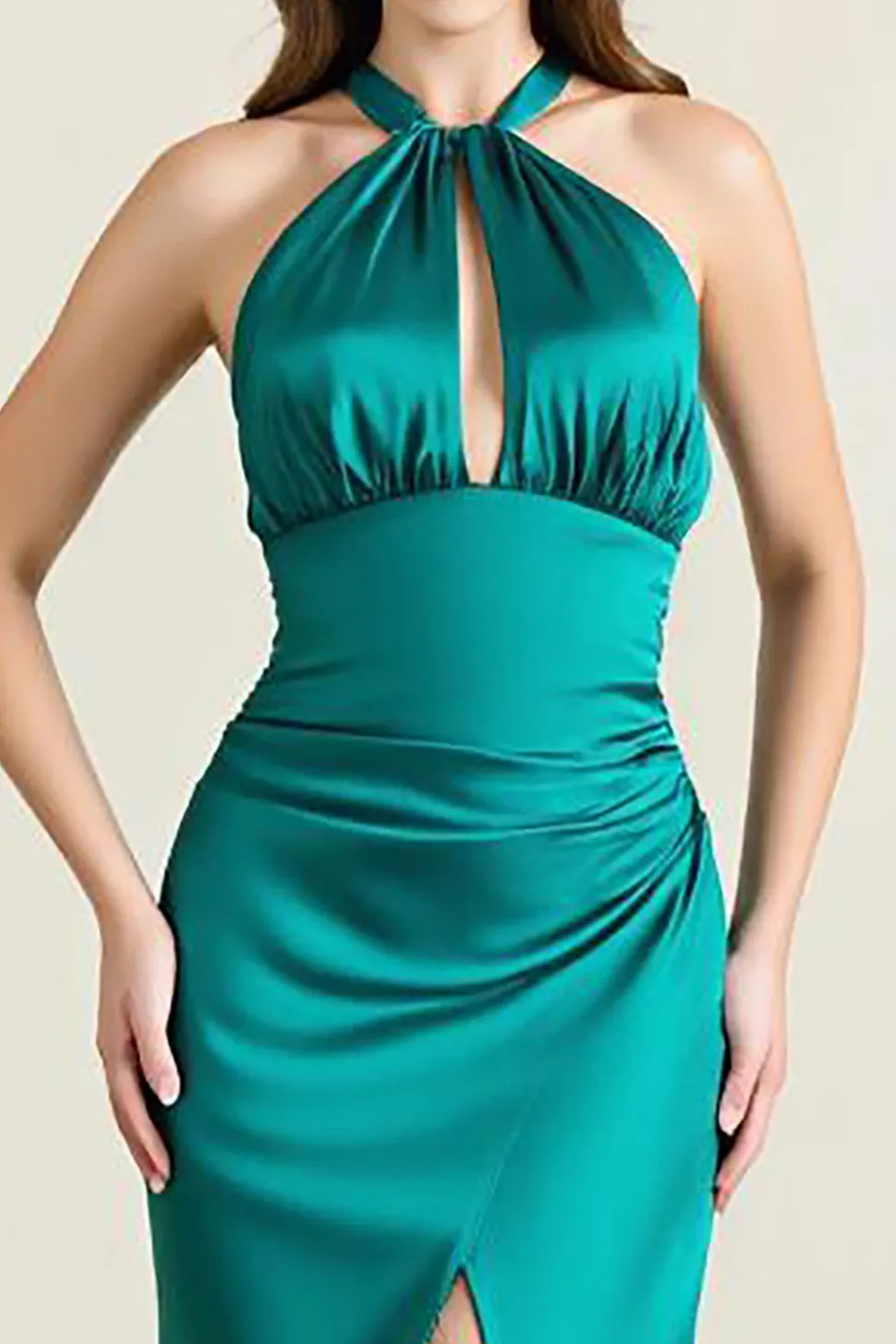 Verde Cabeçada Cetim Longo Vestidos Cerimónia com Fenda