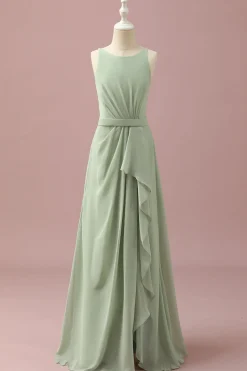 Verde Chiffon Vestido Dama de Honor Júnior Pescoço Redondo