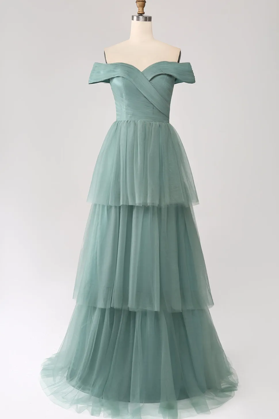 Verde Cinzento Uma Linha Fora do Ombro Tiered Tule Uma Linha Vestido de Baile