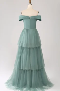 Verde Cinzento Uma Linha Fora do Ombro Tiered Tule Uma Linha Vestido de Baile