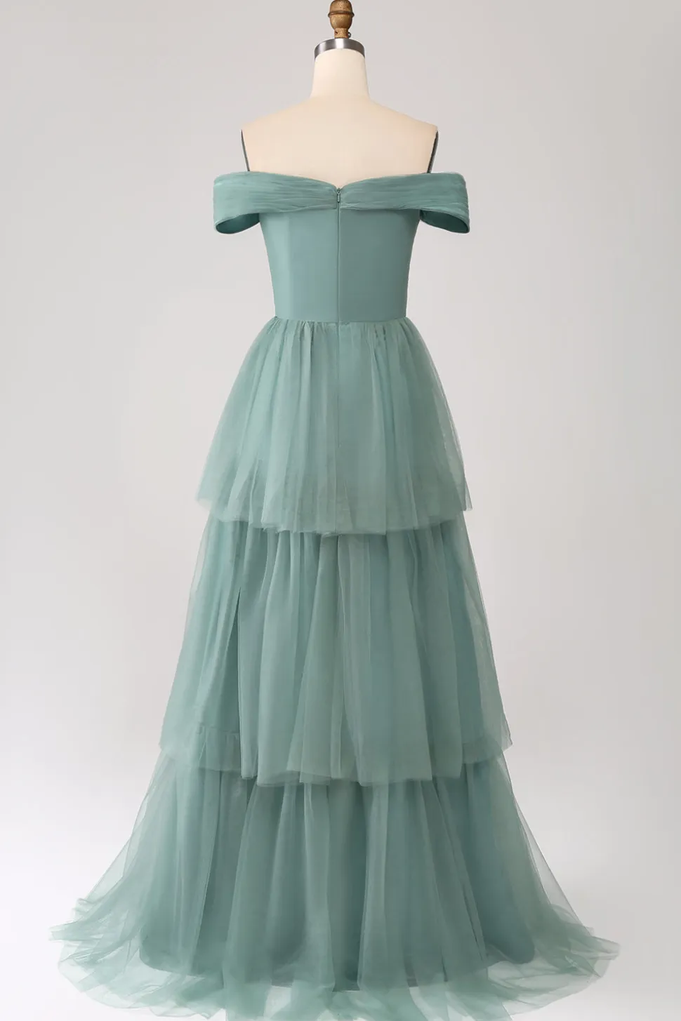 Verde Cinzento Uma Linha Fora do Ombro Tiered Tule Uma Linha Vestido de Baile