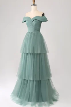 Verde Cinzento Uma Linha Fora do Ombro Tiered Tule Uma Linha Vestido de Baile