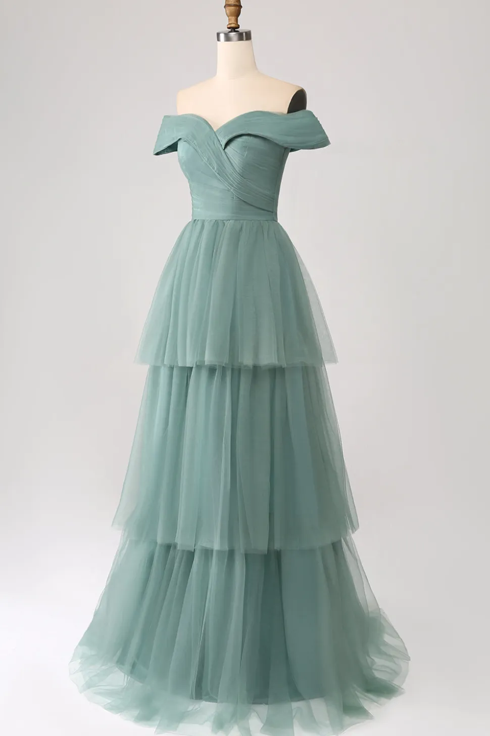 Verde Cinzento Uma Linha Fora do Ombro Tiered Tule Uma Linha Vestido de Baile