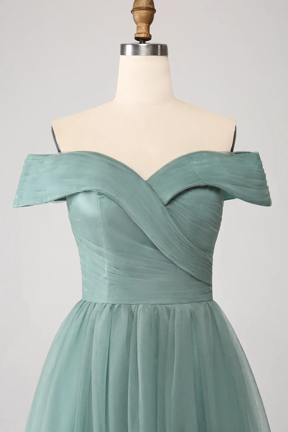 Verde Cinzento Uma Linha Fora do Ombro Tiered Tule Uma Linha Vestido de Baile