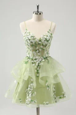 Verde Claro A-Line Applique Vestido Curto Homecoming com Folhos