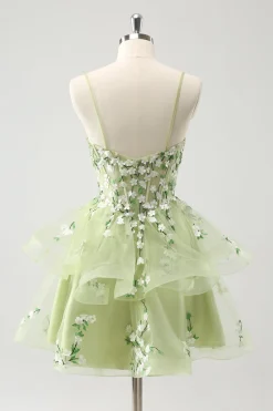 Verde Claro A-Line Applique Vestido Curto Homecoming com Folhos