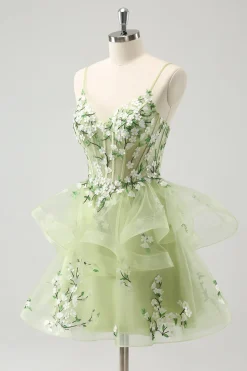 Verde Claro A-Line Applique Vestido Curto Homecoming com Folhos