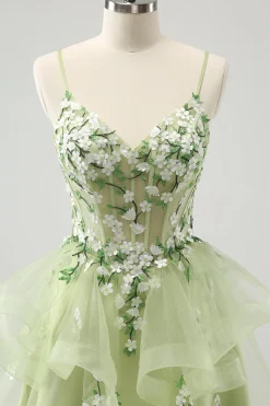 Verde Claro A-Line Applique Vestido Curto Homecoming com Folhos
