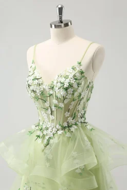 Verde Claro A-Line Applique Vestido Curto Homecoming com Folhos