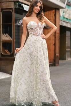Verde claro A-Line Espartilho sem alças vestido de baile com bordado