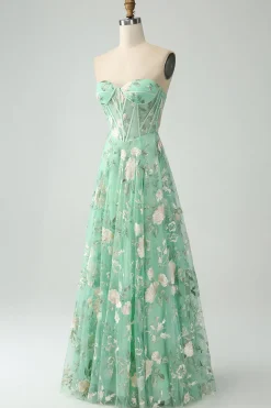 Verde claro A-Line Espartilho sem alças vestido de baile com bordado