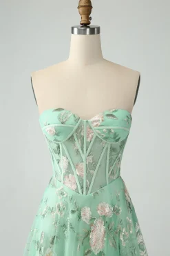 Verde claro A-Line Espartilho sem alças vestido de baile com bordado