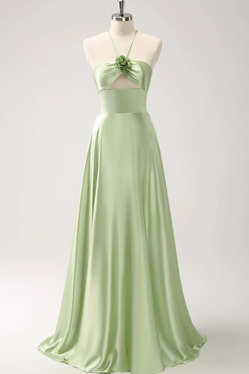 Verde claro A-Line Halter Hollow out cetim vestido de dama de honra com flor