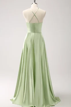 Verde claro A-Line Halter Hollow out cetim vestido de dama de honra com flor