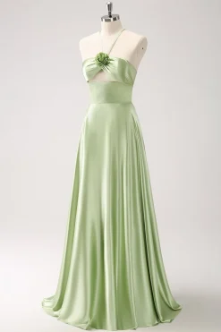 Verde claro A-Line Halter Hollow out cetim vestido de dama de honra com flor