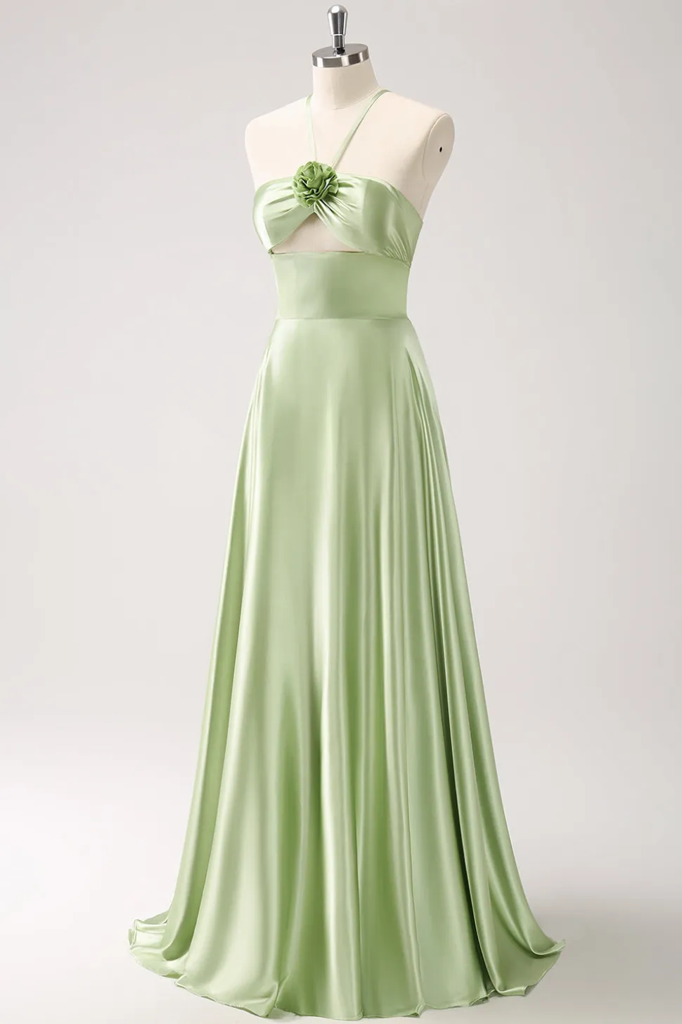 Verde claro A-Line Halter Hollow out cetim vestido de dama de honra com flor