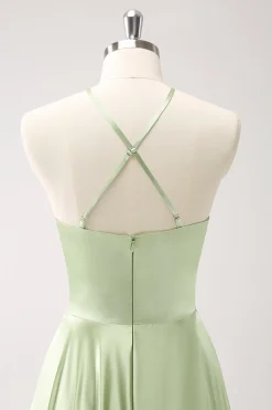 Verde claro A-Line Halter Hollow out cetim vestido de dama de honra com flor