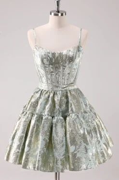 Verde claro A-Line Spaghetti Straps Short Corset Homecoming Dress com renda para trás