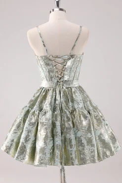 Verde claro A-Line Spaghetti Straps Short Corset Homecoming Dress com renda para trás