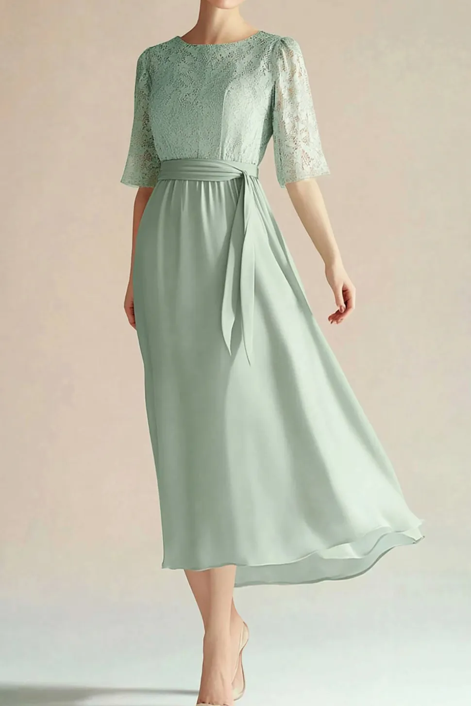 Verde Claro Chiffon Boat Neck A Linha 3/4 Mangas Bezerro Comprimento Vestido Mãe