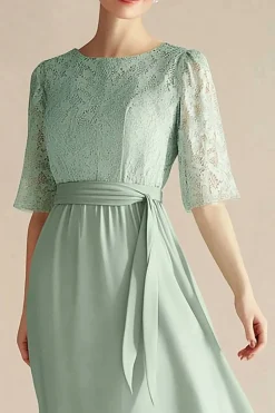 Verde Claro Chiffon Boat Neck A Linha 3/4 Mangas Bezerro Comprimento Vestido Mãe