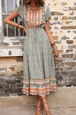 Verde Claro Decote em V Linha-A Midi Vestido de Verão