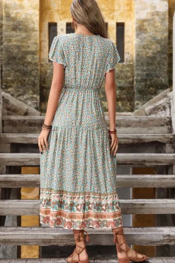 Verde Claro Decote em V Linha-A Midi Vestido de Verão
