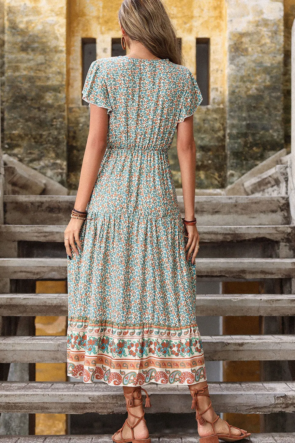 Verde Claro Decote em V Linha-A Midi Vestido de Verão